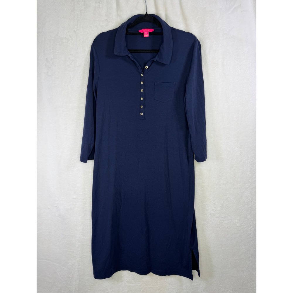 Lilly Pulitzer Reema Polo Dress Women XL Navy Blue Long Sleeve Cotton 009629
